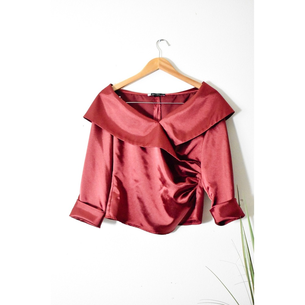 Boutique Blouse Women Medium Burgundy Y2K Satin Off Shoulder Ruched Portrait Top